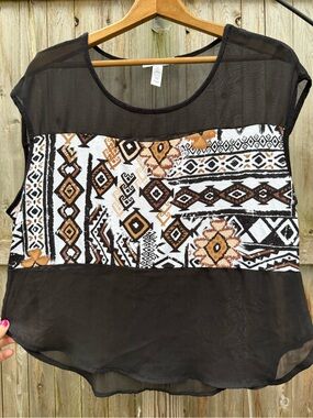 Ambiance Black Sheer Top with Brown and White Aztec Panel